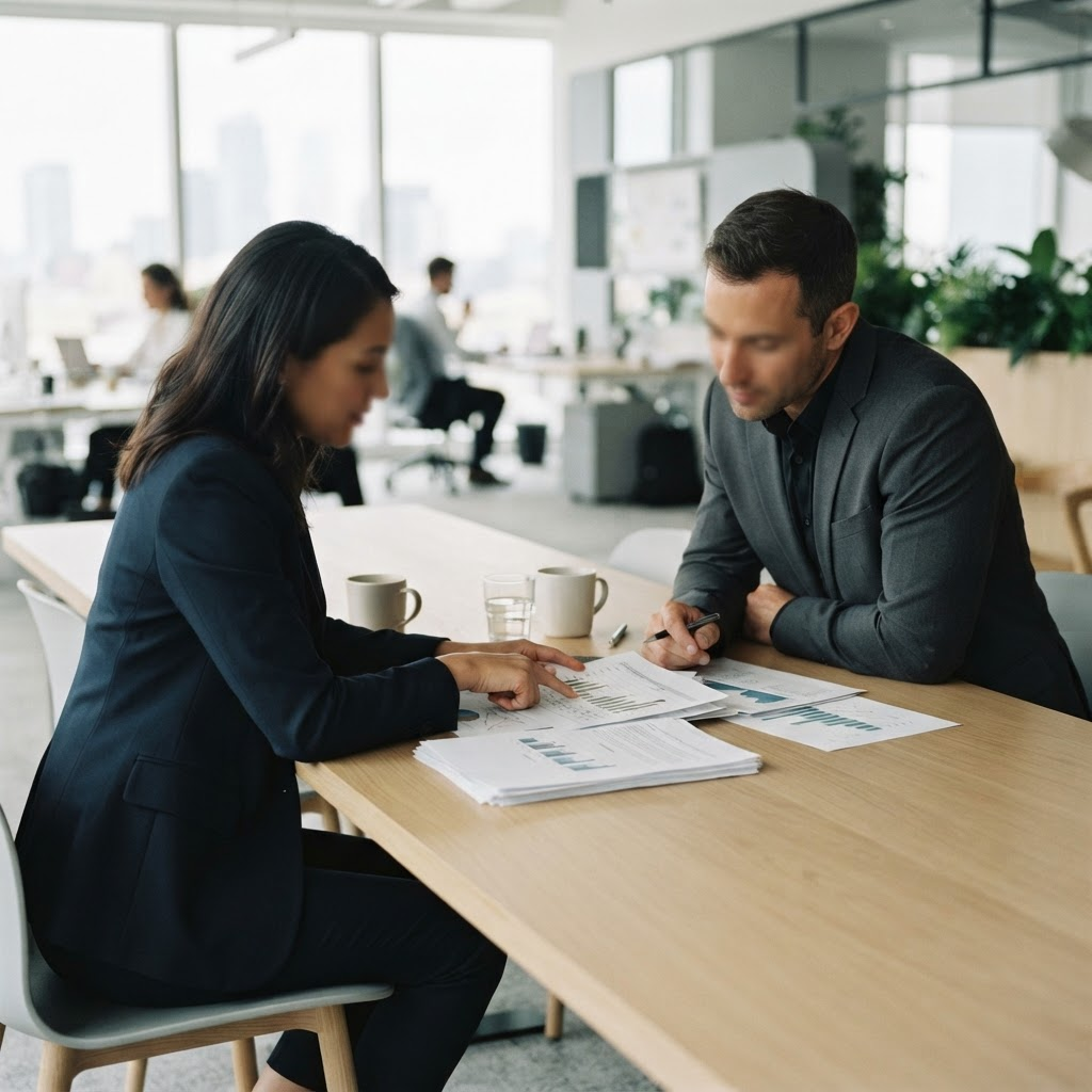 Two colleagues reviewing documents at a conference table