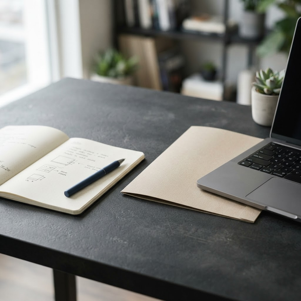 Organized desk with a notebook, folder, and laptop
